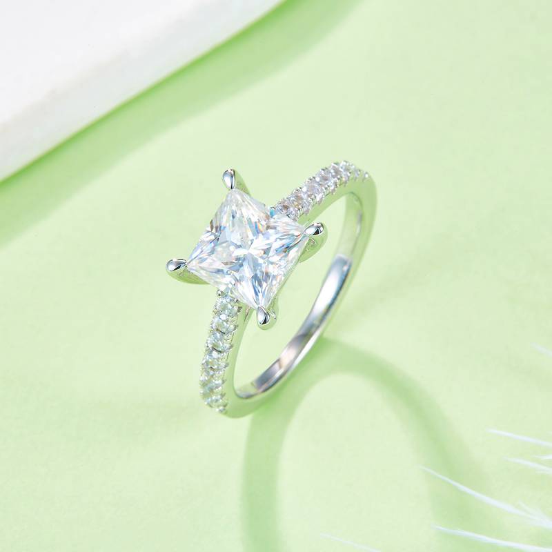 微镶正方形S925银镀白金MoissaniteWomen's Ring2.0ctD级